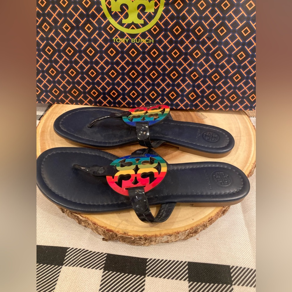 Tory Burch Miller Bright Rainbow Royal Navy Thong Sandals 8.5 Rt-298$ - Picture 3 of 8